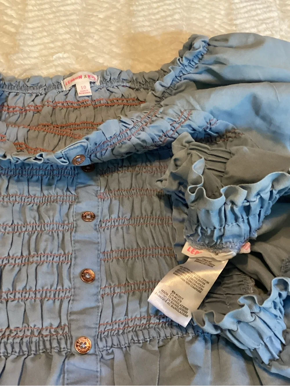 Girls Sz 10 Lemon Kiss Denim Shirt/skirt Matching Smocked Blue/pink Skirt Set